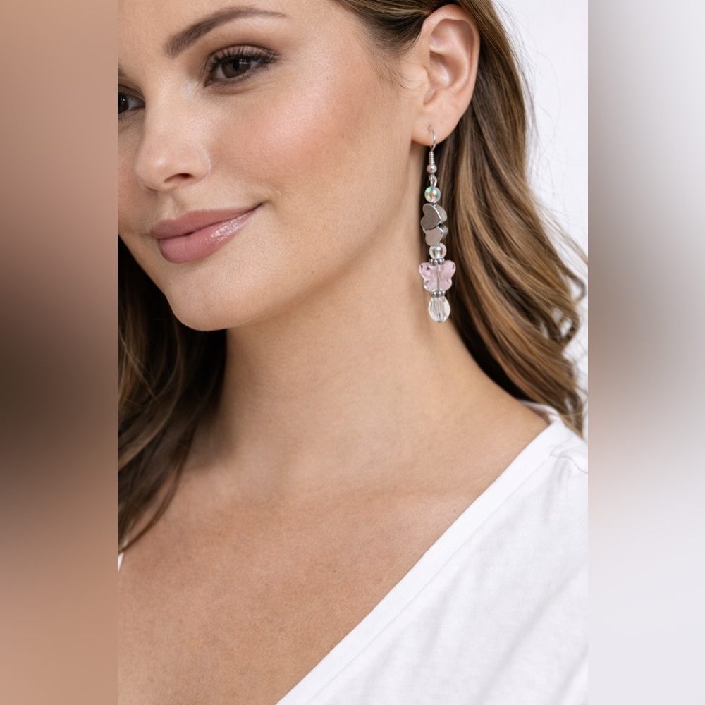 Handmade Pink Heart & Butterfly Beaded Dangle Earrings